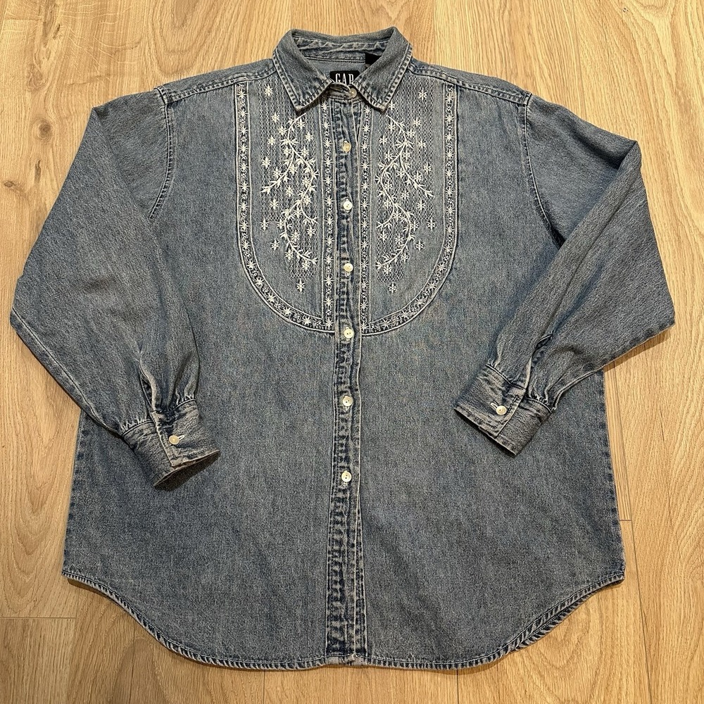 VTG 90s GAP Blue Denim Button Up Shacket Long Sleeve Size M Embroidered Western